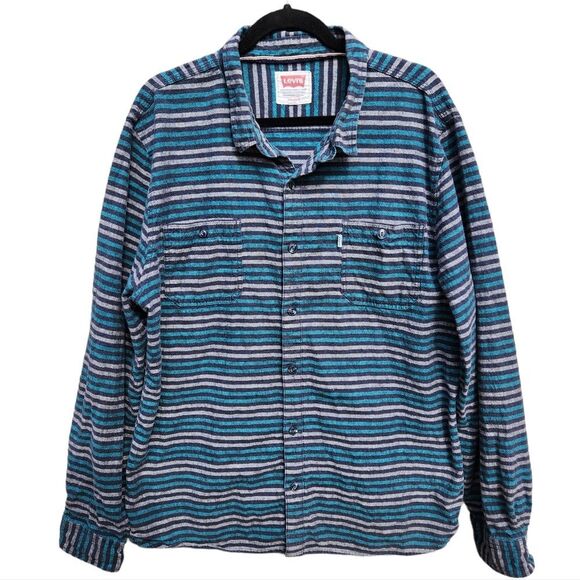 Levis Men's Abbey linen blend striped shirt casual button down teal grey 2XL XXL - Picture 1 of 9